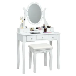 10 Dimmable Lights Vanity Table Set with Lighted Mirror and Cushioned Stool-White