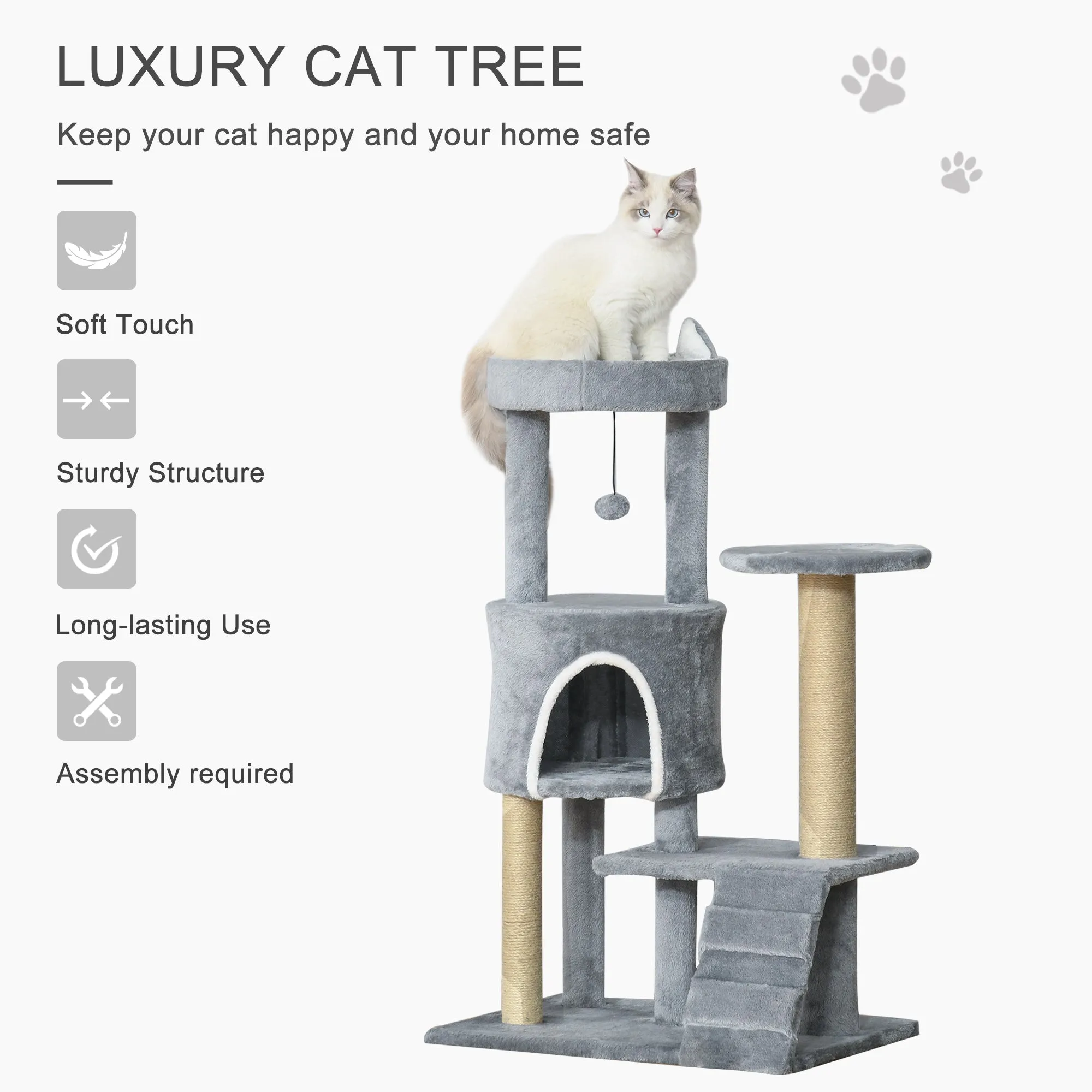 100cm Cat Tree Tower Condo Multi Platform Kitty Cat Center with Climbing Ladder Scratching Post Hanging Toy Ball, Grey