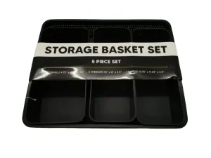 5-Piece Black Plastic Storage Basket Set, Stackable Organizers