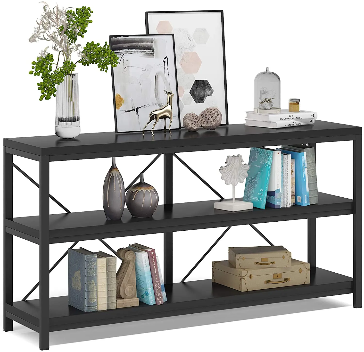 55" Console Table, Sofa Table TV Stand with 3-Tier Storage Shelves