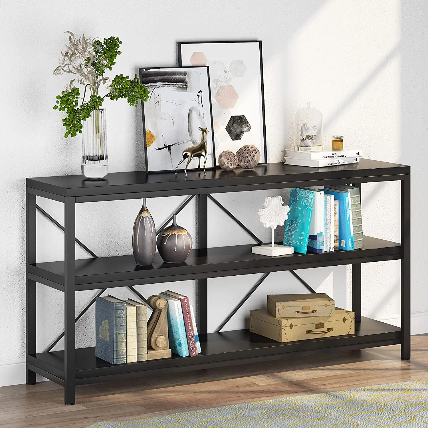 55" Console Table, Sofa Table TV Stand with 3-Tier Storage Shelves