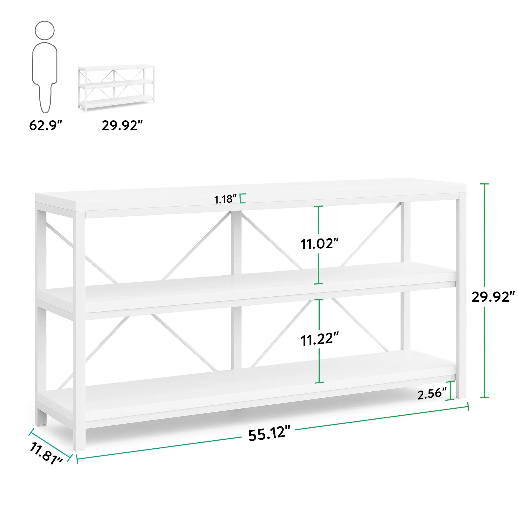 55" Console Table, Sofa Table TV Stand with 3-Tier Storage Shelves