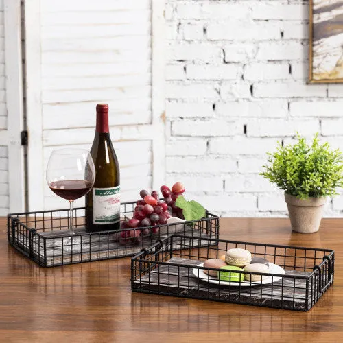 Black Metal Wire Nesting Trays w/ Torched Wood Base & Handles, Set of 2