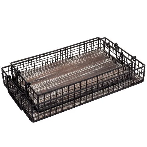 Black Metal Wire Nesting Trays w/ Torched Wood Base & Handles, Set of 2