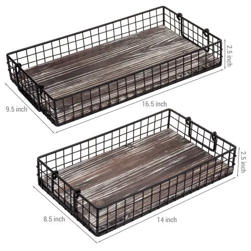 Black Metal Wire Nesting Trays w/ Torched Wood Base & Handles, Set of 2