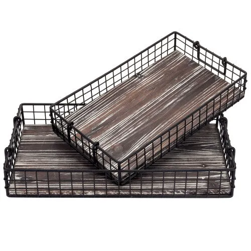 Black Metal Wire Nesting Trays w/ Torched Wood Base & Handles, Set of 2