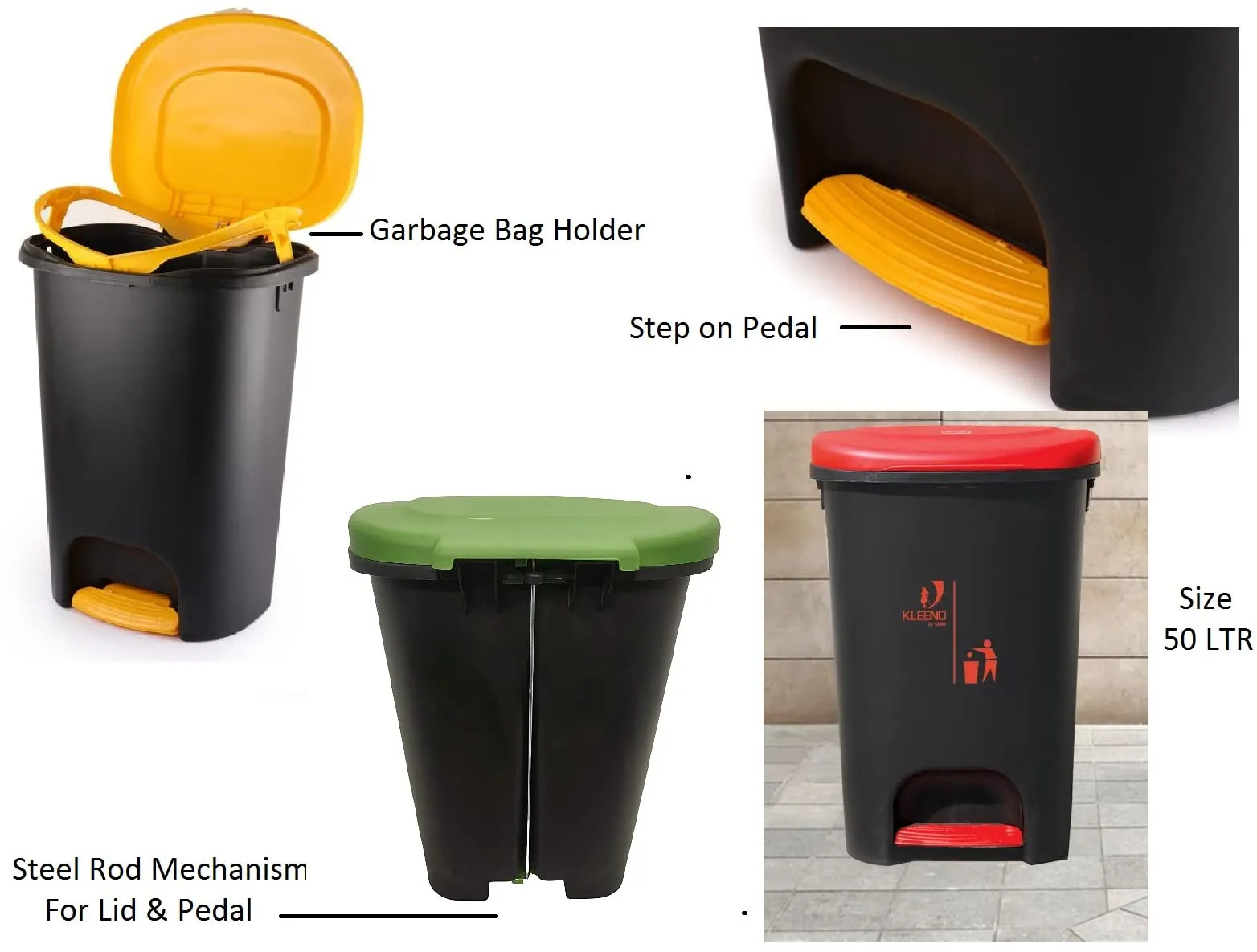 Cello Plastic Pedal Step-On Garbage Dustbin 50 Ltr, Black-Green