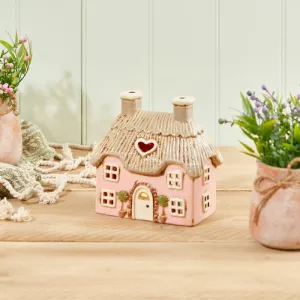 Cottage Tealight Holder Pink Embossed Stoneware With Tress