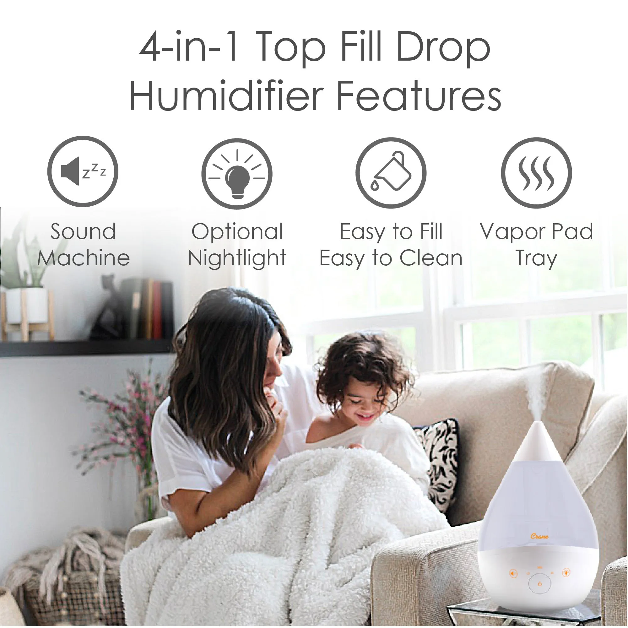 Crane 4 in 1 Top Cool Mist Humidifier With Sound Machine