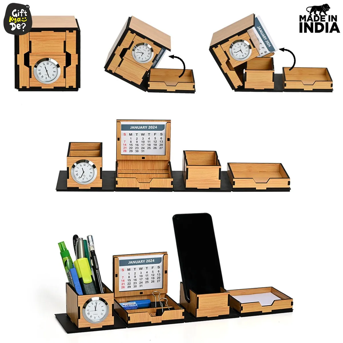 Foldable All in One Office Desk Organizer With Clock, Calendar 2025 & Mobile Stand | Desk Accessories