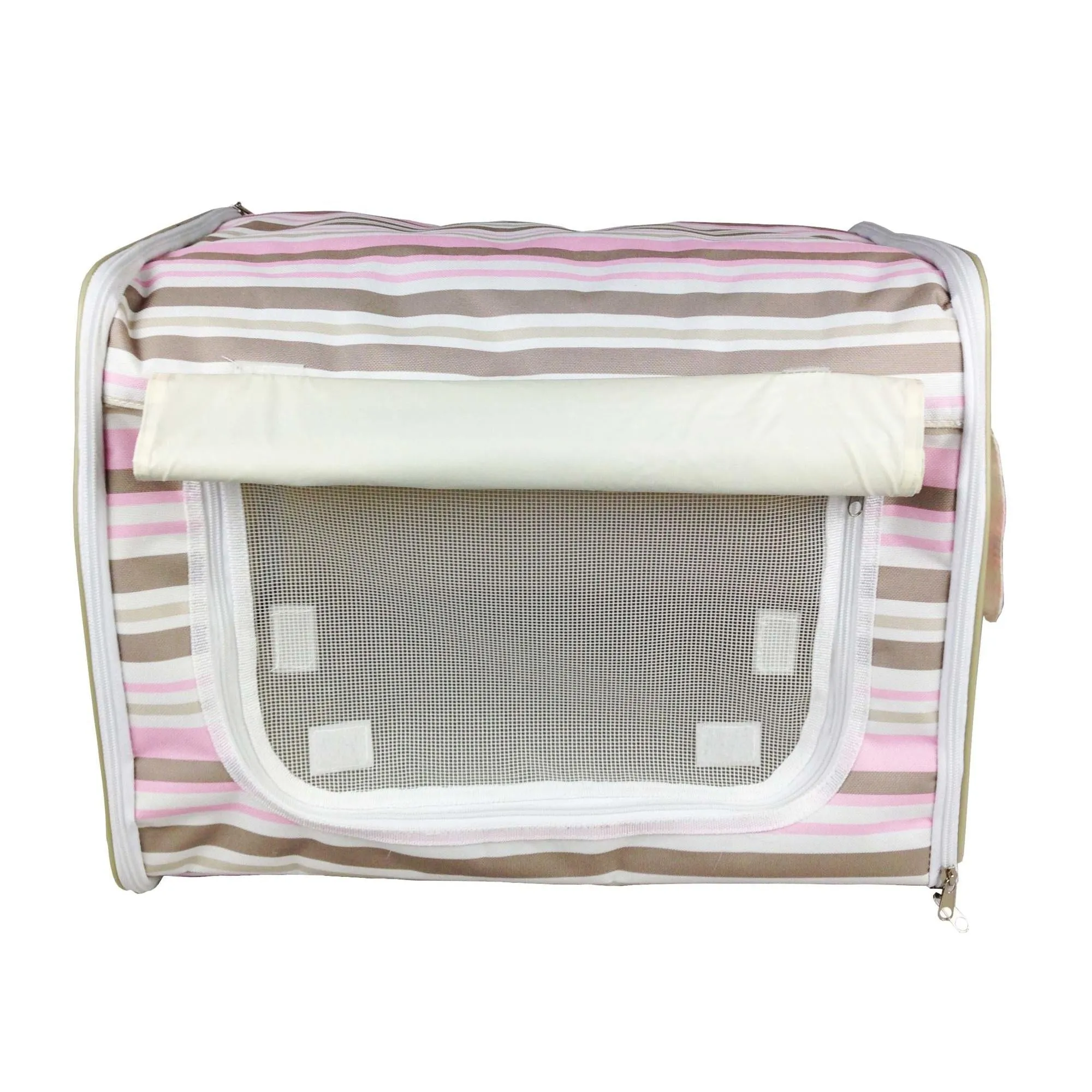 Foldable pet crate with wire frame and zippered access. Transport