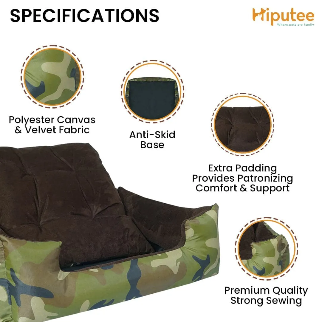 Hiputee Polyester Canvas Velvet Fabric Rectangular Reversible Bed for Dogs and Cats (Army print)