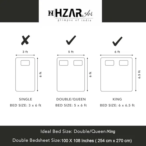 HZAR ART King Size Premium 100% Cotton Bedsheet for Double Bed with 2 Pillow Covers | 280 TC Flat Sheet | Jaipuri Print Double BedSheet Cotton(Buti Print,100 X 108 Inches) SBS57