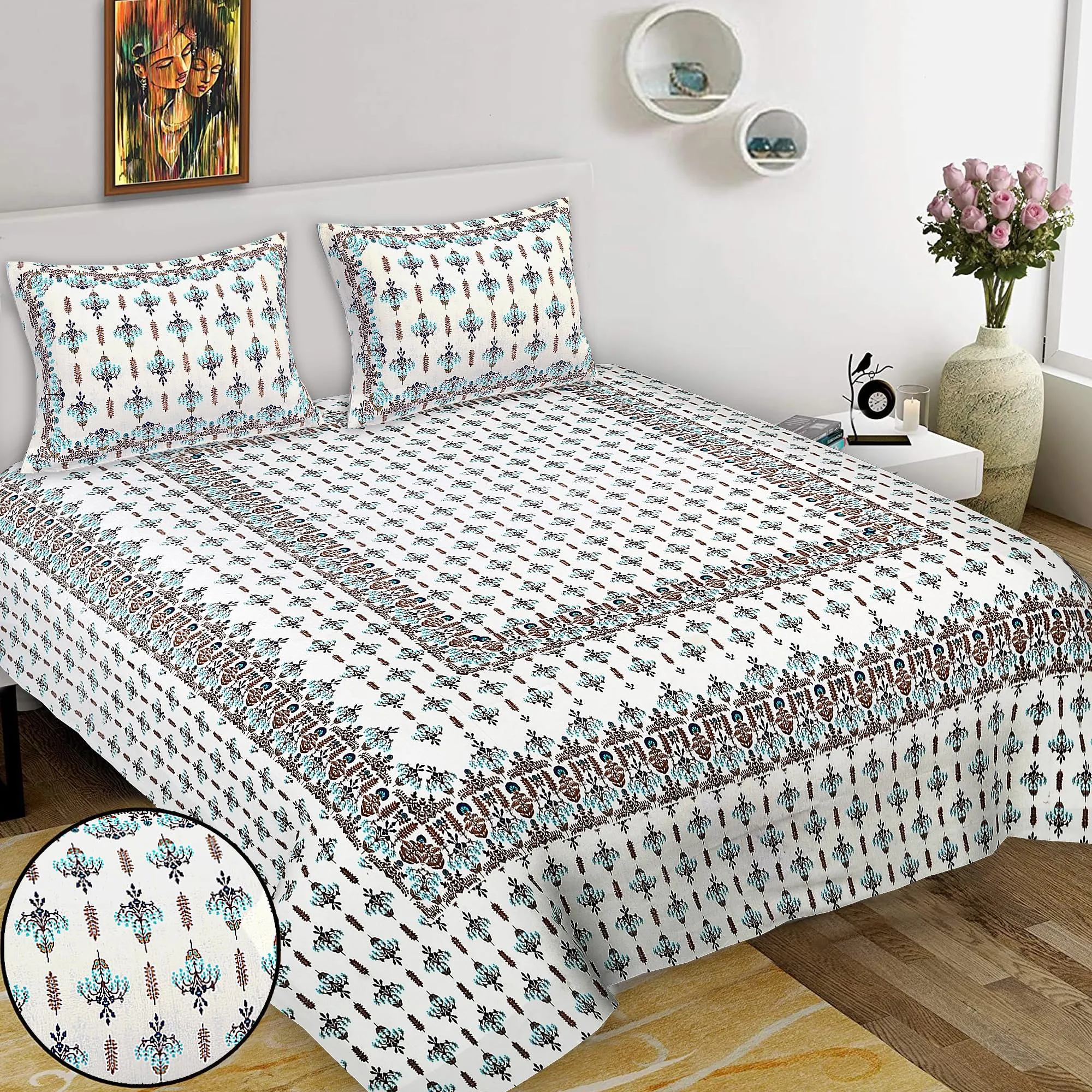 HZAR ART King Size Premium 100% Cotton Bedsheet for Double Bed with 2 Pillow Covers | 280 TC Flat Sheet | Jaipuri Print Double BedSheet Cotton(Buti Print,100 X 108 Inches) SBS62