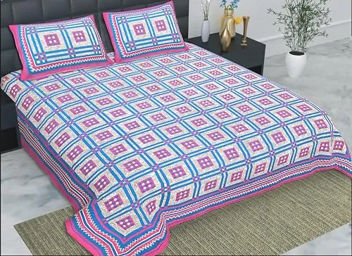 HZAR ART Queen Size Premium 100% Cotton Bedsheet for Double Bed with 2 Pillow Covers | 240 TC Flat Sheet | Jaipuri Print Double BedSheet Cotton(Squre Print, 90 X 100 Inches) SSBS124