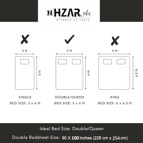 HZAR ART Queen Size Premium 100% Cotton Bedsheet for Double Bed with 2 Pillow Covers | 240 TC Flat Sheet | Jaipuri Print Double BedSheet Cotton(Squre Print,90 X 100 Inches) SSBS121