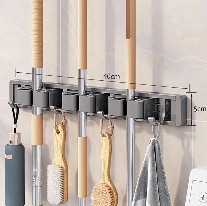 Mop and Broom Organizer Mop Holder Rack Mop Holder Wall Mounted Strong Broom Mop Holder Self With 5 Hooks Organizers Hang Broom