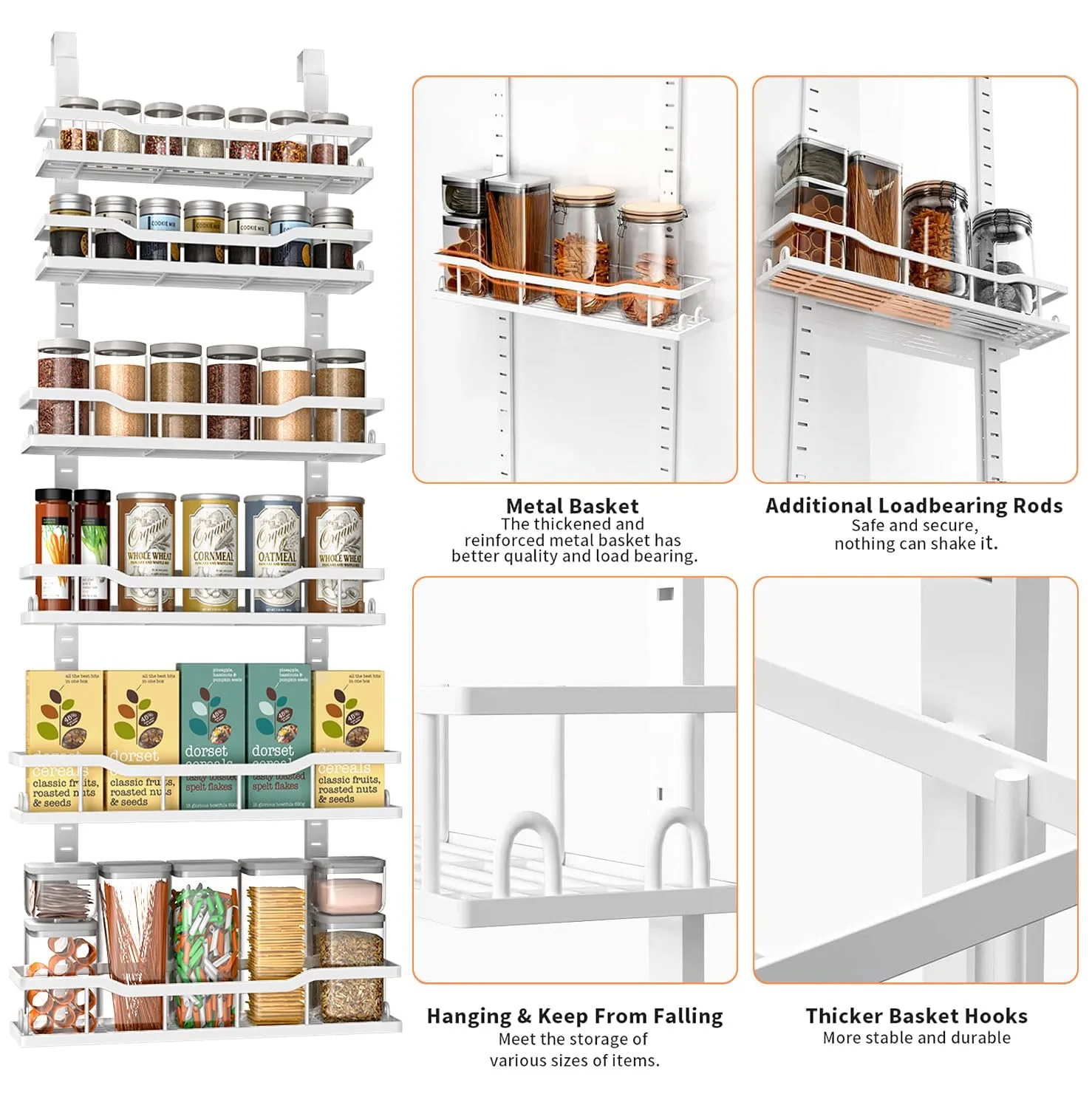 MSERCUOR Over The Door Pantry Organizer Rack, 6-Tier Metal Pantry Organization And Storage with Adjustable Baskets, Hanging Spice Rack for Home & Kitchen Laundry Room Bathroom (6 Tier White)