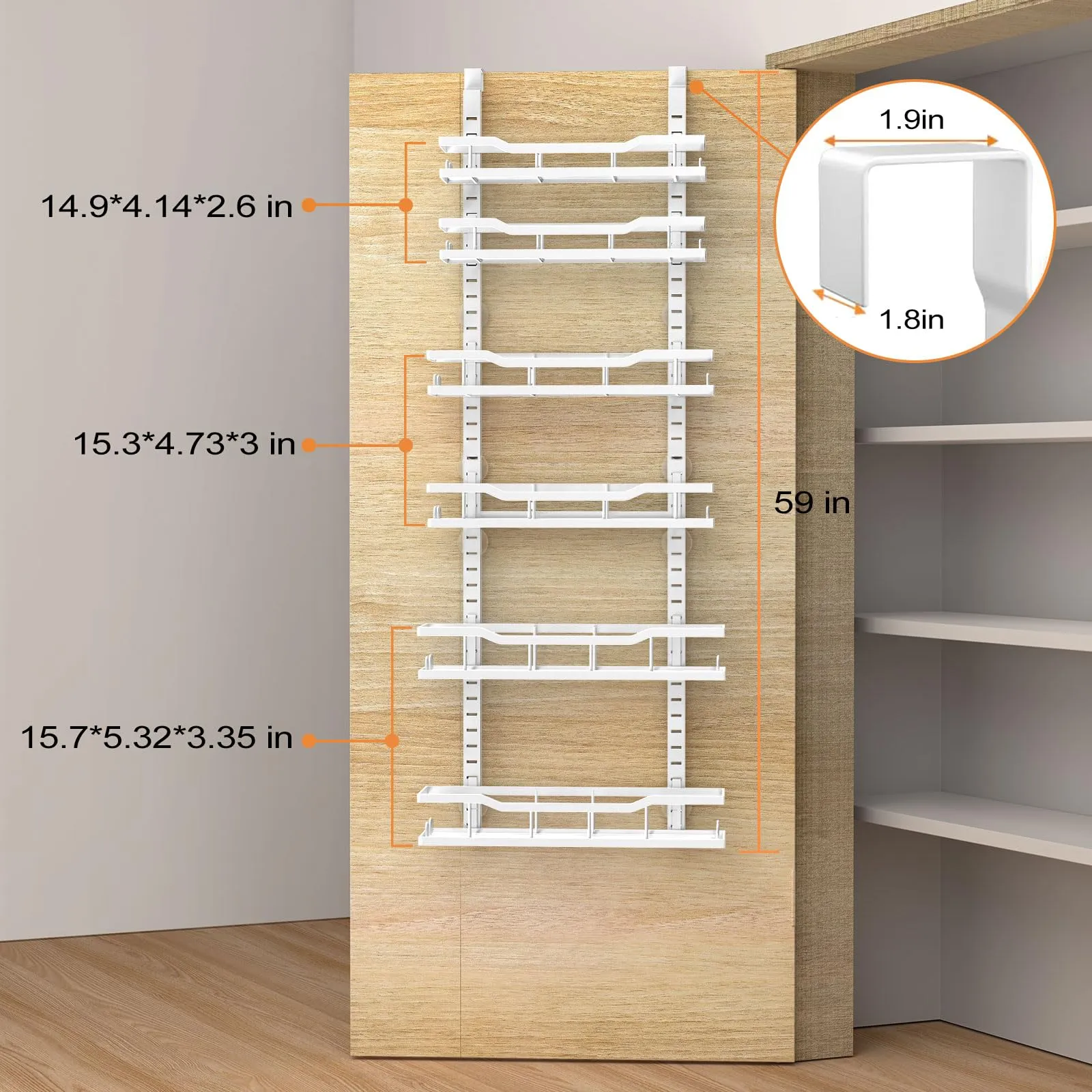 MSERCUOR Over The Door Pantry Organizer Rack, 6-Tier Metal Pantry Organization And Storage with Adjustable Baskets, Hanging Spice Rack for Home & Kitchen Laundry Room Bathroom (6 Tier White)