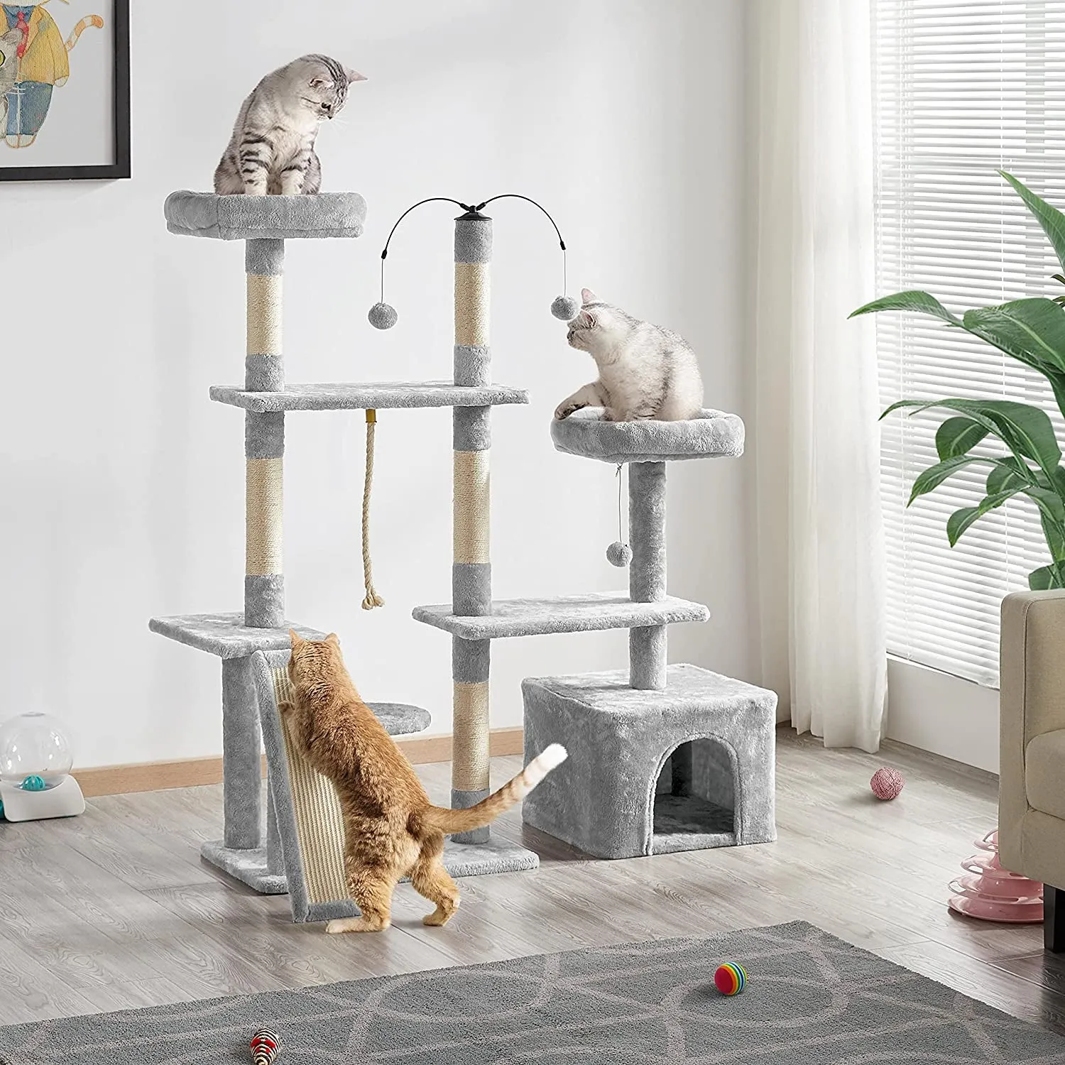 Multi-Level Cat Tree Cat Tower for Indoor Cats, Cat Condo with Scratching Posts, Cat Furniture Play Center, Plush Perch, Rotatable Cat Tree for Kittens/Large Cat, Light Gray