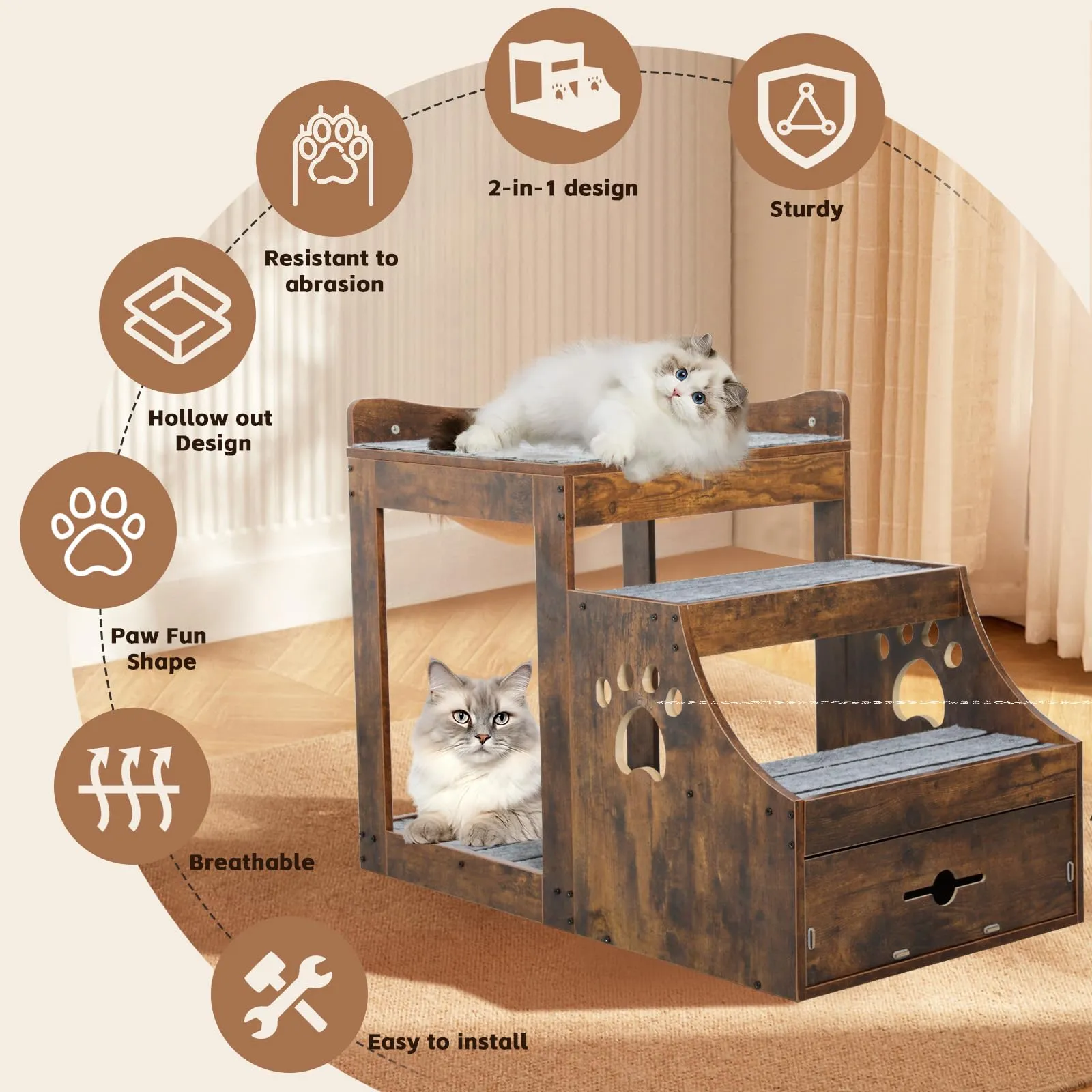 Pet Window Perch with Stairs, Super Large Pet Bunk Bed for Cats, Multi-Level Pet Seat Platform with Mats