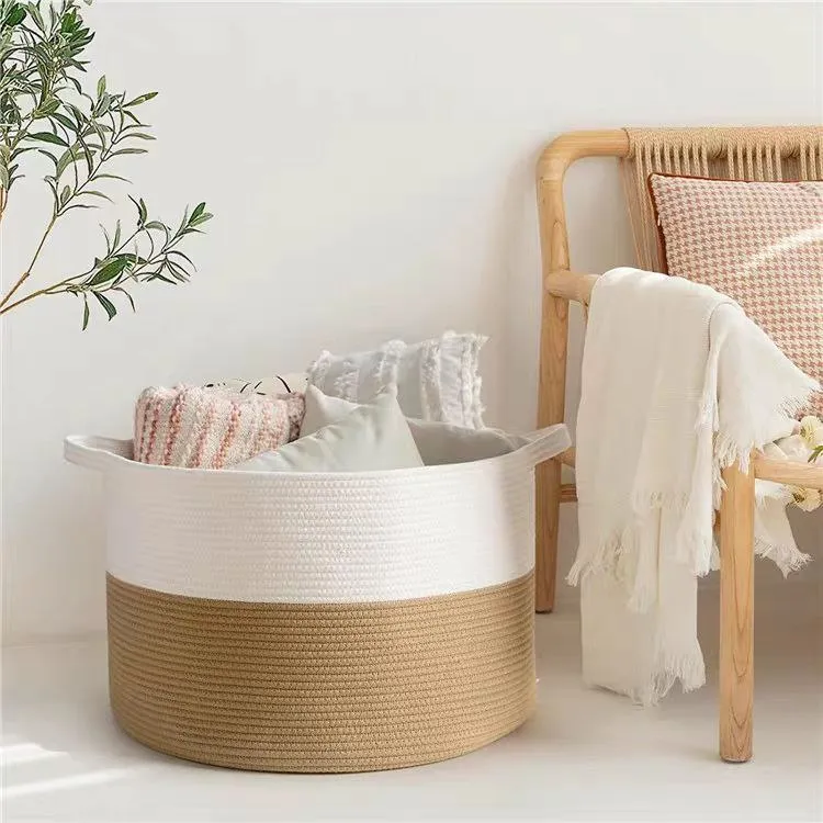 Storage basket bin with woven handle