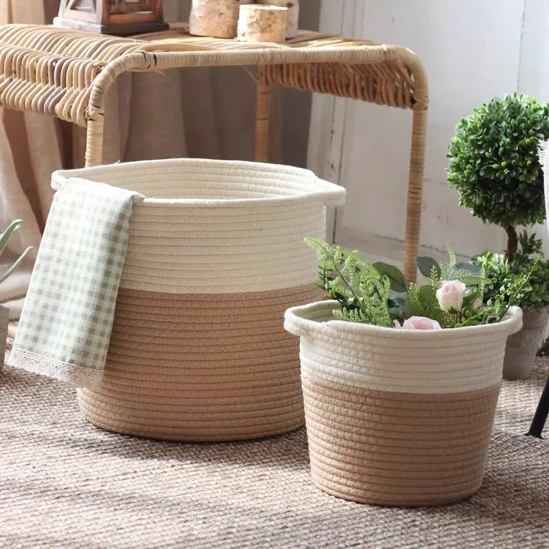 Storage basket bin with woven handle