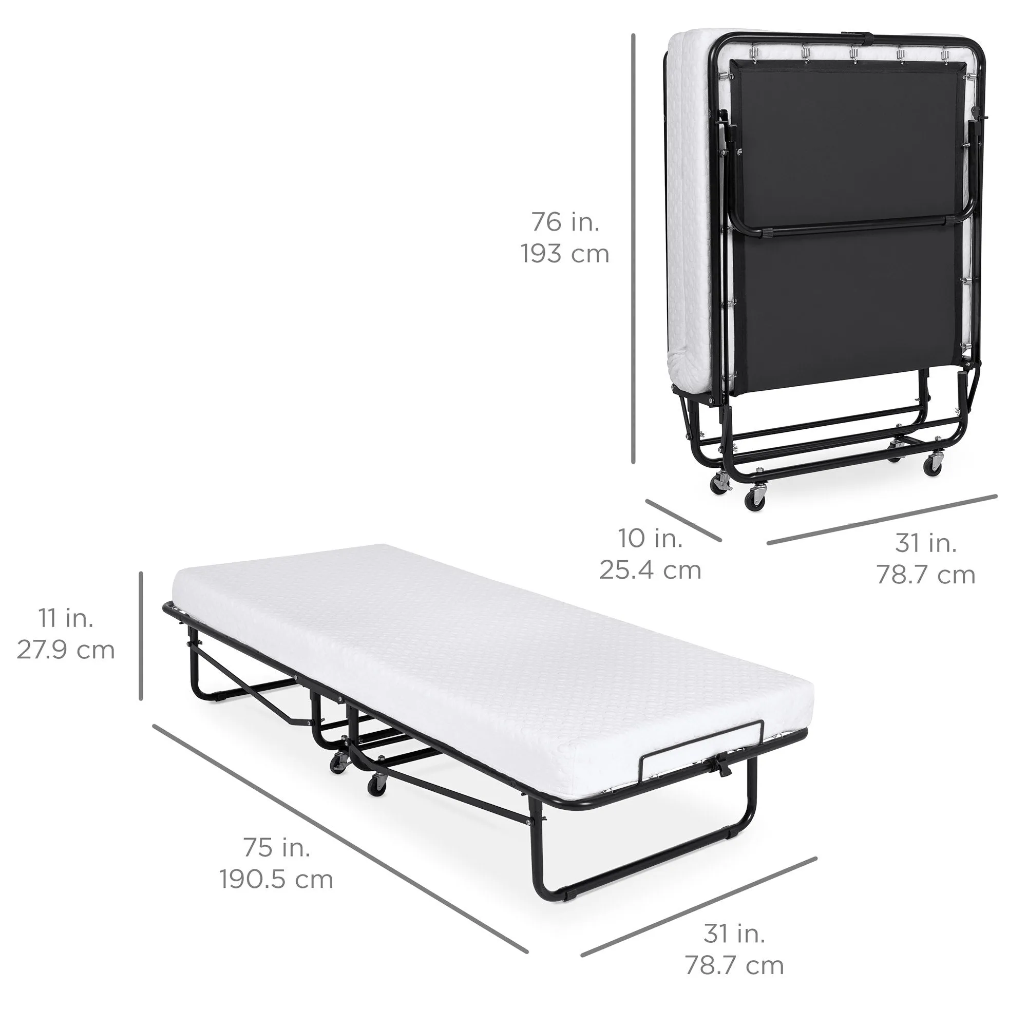 Twin Rollaway Cot-Sized Mattress Guest Bed w/ 3in Memory Foam